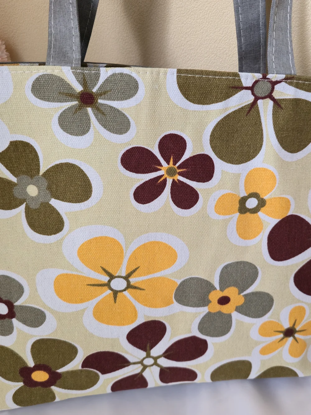 Floral Canvas Tote Bag in Yellow, Olive , Cream & Gray -‎ LARGE